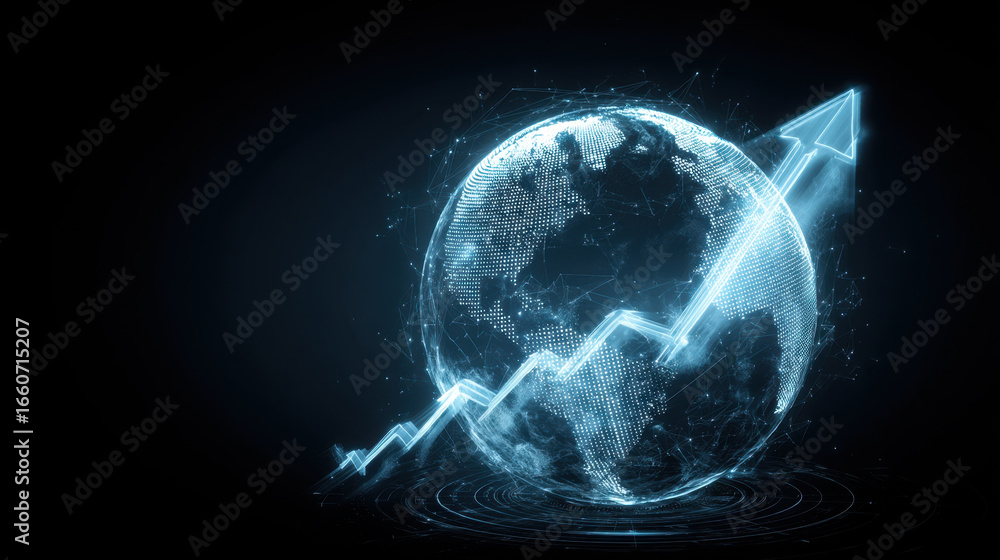 Poster digital representation of globe with rising graph overlay, symbolizing global growth and progress. i