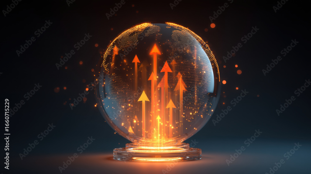 Poster glowing globe with illuminated arrows pointing upwards symbolizes growth and progress in digital wor