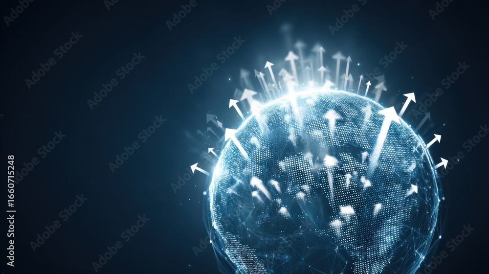 Poster digital representation of globe with upward arrows symbolizing growth and progress, showcasing futur