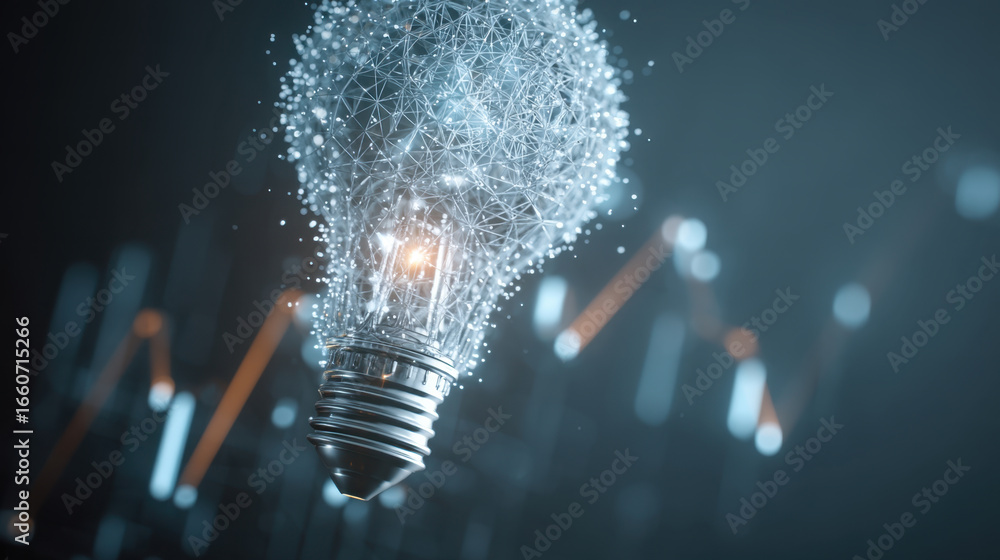 Poster glowing light bulb made of interconnected particles symbolizes innovation and creativity, set agains