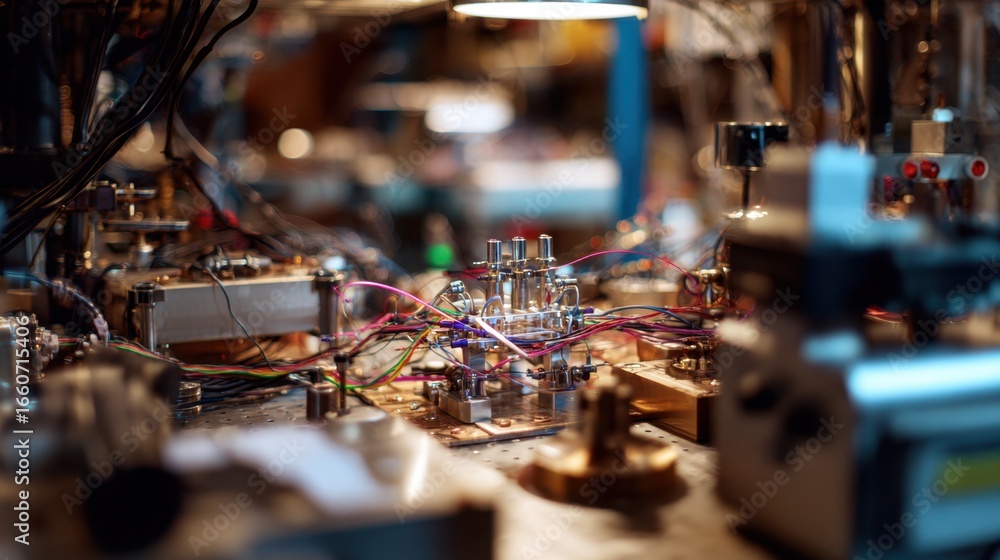 Poster focused medium shot of quantum entanglement experiment setup intricate wiring and components foregro