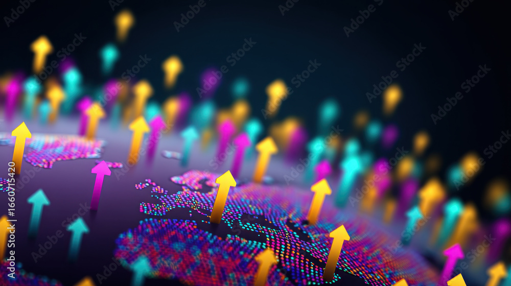 Aufkleber digital world map with colorful arrows representing growth and progress. vibrant colors and upward d