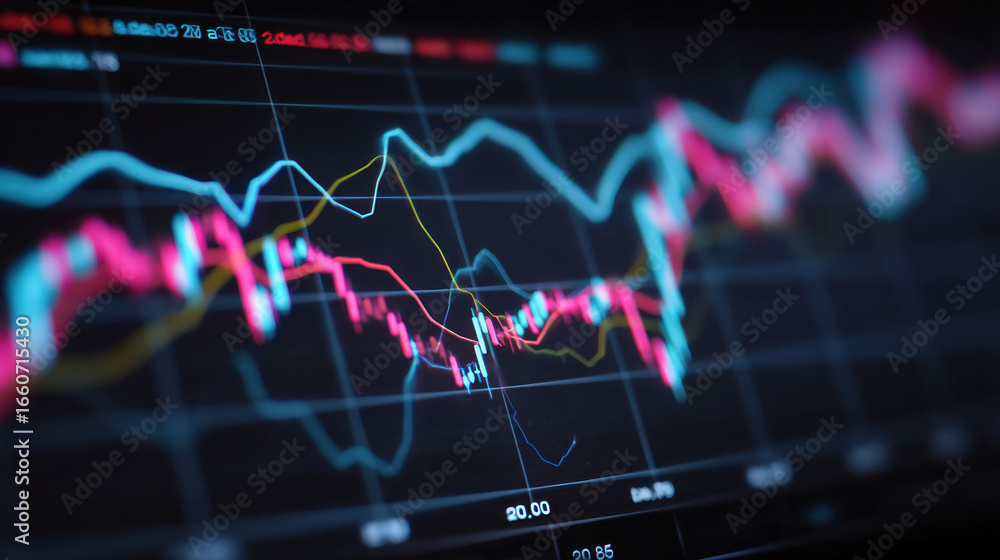 Poster stock market analysis with colorful candlestick chart displaying price movements and trends, showcas