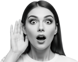 Astonished young woman cupping ear to listen intently eyes wide mouth open in surprise isolate collage