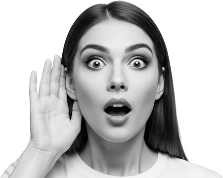Astonished young woman cupping ear to listen intently eyes wide mouth open in surprise isolate collage