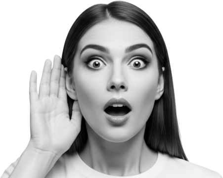 Astonished young woman cupping ear to listen intently eyes wide mouth open in surprise isolate collage