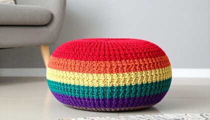 Colorful crocheted ottoman in living room
