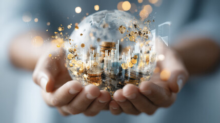 Hands holding globe with coins and financial graphs, symbolizing global finance and investment opportunities. image conveys sense of prosperity and economic growth