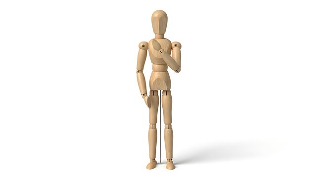 Wooden Artist Mannequin Posing Thoughtfully Against a White Background - Powered by Adobe