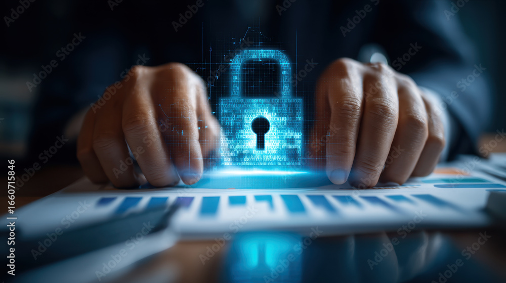 Poster digital security concept with glowing padlock symbolizing data protection and cybersecurity. hands a