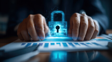 Digital security concept with glowing padlock symbolizing data protection and cybersecurity. hands are positioned over document with graphs, emphasizing importance of safeguarding information