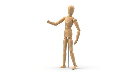 A wooden artist's mannequin stands on a white background presenting with its left hand outstretched