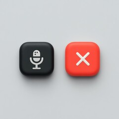 Fototapeta premium Two square buttons, one black with a microphone icon, the other red with a cross symbol