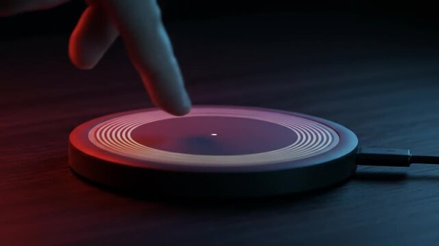 A wireless charger pad on a dark surface with red and blue lighting creating a moody atmosphere
