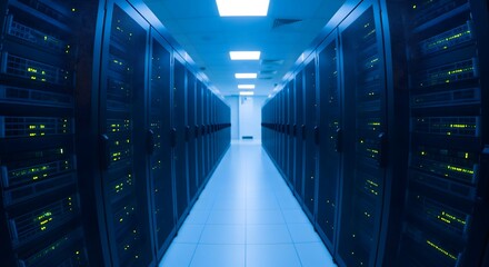An aisle in a modern data center with rows of server racks, illuminated with a blue light, representing cloud computing, big data, and network infrastructure.