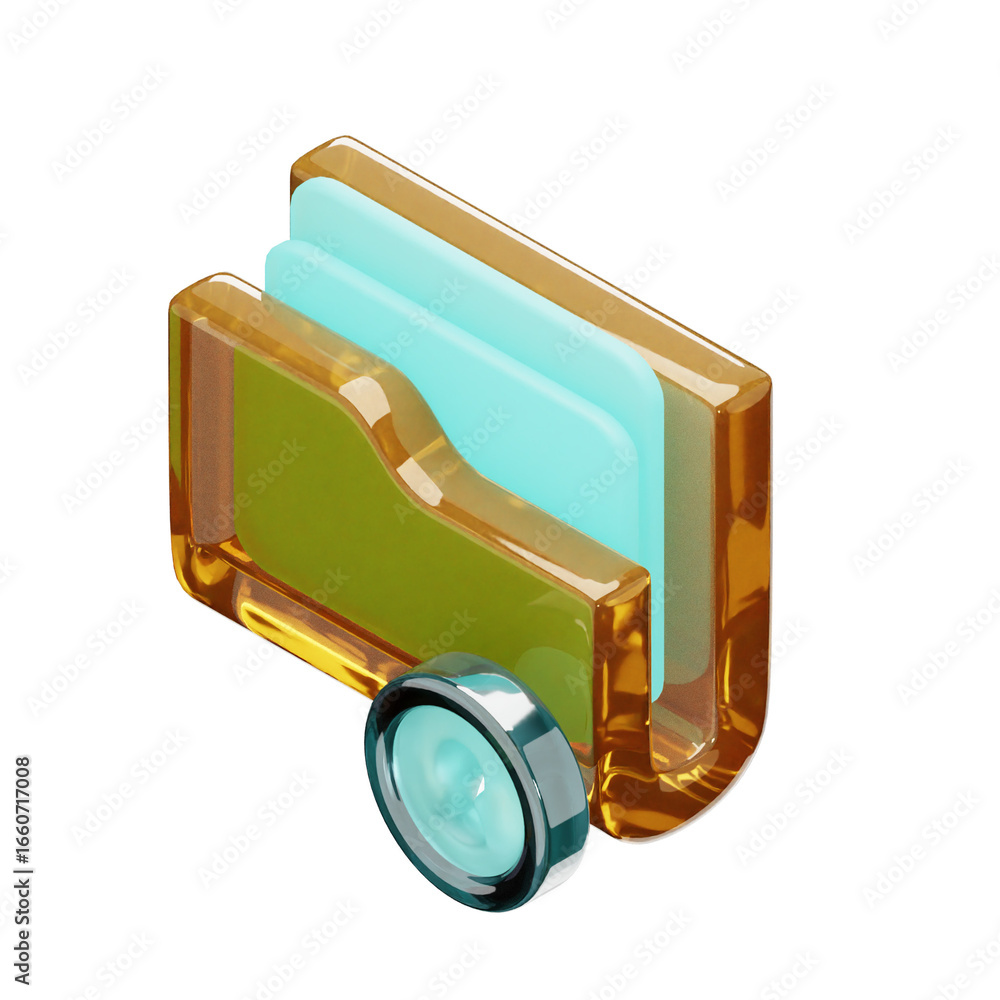 Poster 3d icon of a transparent folder with light blue documents and a magnifying glass, symbolizing search