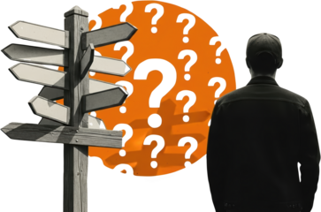 Man contemplating many direction signs with question marks isolate collage art signpost choice decision