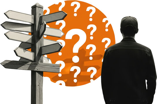 Man contemplating many direction signs with question marks isolate collage art signpost choice decision