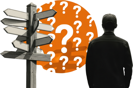 Man contemplating many direction signs with question marks isolate collage art signpost choice decision