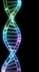 A glowing, colorful DNA double helix strand made of particles on a black background, representing genetics, medical research, and biotechnology. Vertical format for social media.