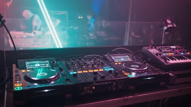 A pioneer dj setup with mixer and decks under blue and purple lighting in a nightclub scene view