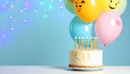 Festive Birthday Cake with Glowing Candles and Colorful Smiley Balloons on a Blue Bokeh Background.
