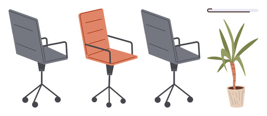 Three ergonomic swivel office chairs, a green potted plant, and a minimalistic hook combining functionality with aesthetics. Ideal for workplace setup, design, furniture, ergonomics, productivity