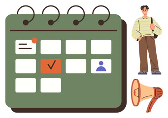 Spiral planner with calendar grid, red notification, checkmark, user icon, young man with a bag, and a megaphone. Ideal for scheduling, reminders, events youth activity planning organization