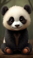 Fototapeta premium Cute cartoon-style baby panda sitting with a cheerful expression in a forest background