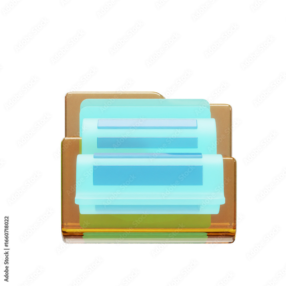 Poster 3d rendered icon of a brown folder with glowing blue documents inside, representing digital data org