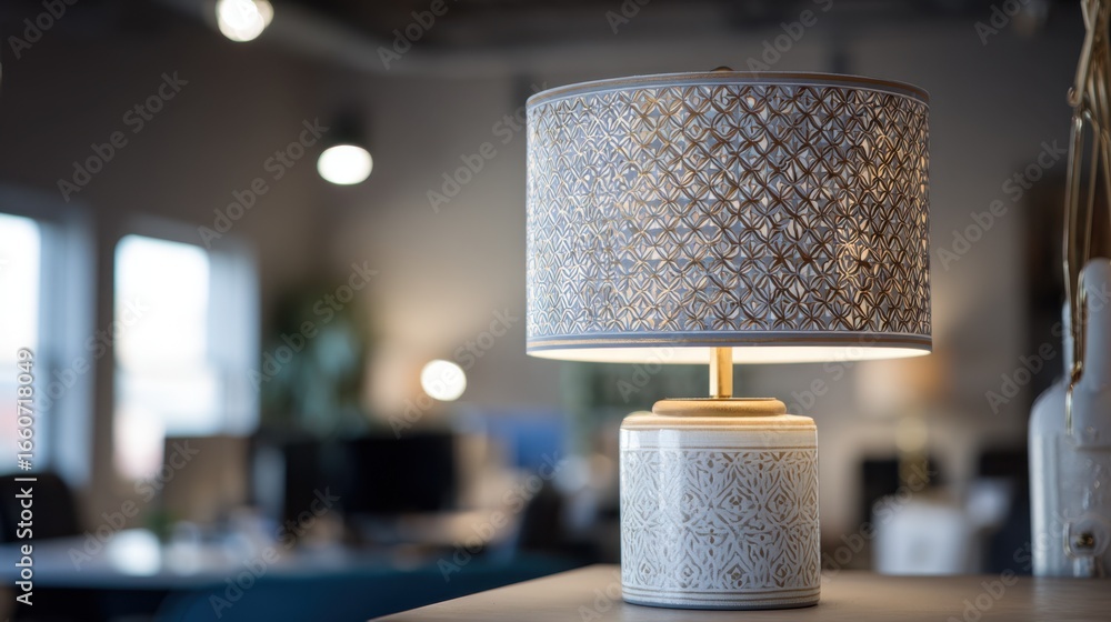 Poster detailed midshot of a contemporary lamp with intricate patterns against a blurred backdrop of a chic