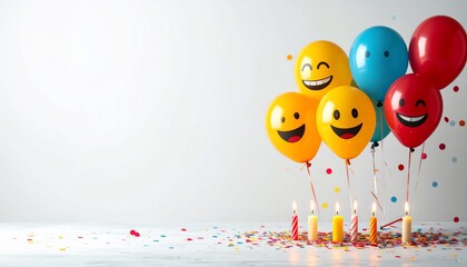 Festive Emoji Balloons and Glowing Candles Celebrate a Birthday with Colorful Confetti.