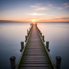 Obraz premium Pathway to Tranquility: Long Pier Leading to Serene Sunset, Perfect for Travel, Wellness and Mindfulness Campaigns Inspiring Calm and Escape