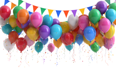  3D Realistic Colorful Balloons and Bunting Birthday Scene with Transparent Background, in the style of Clip Art