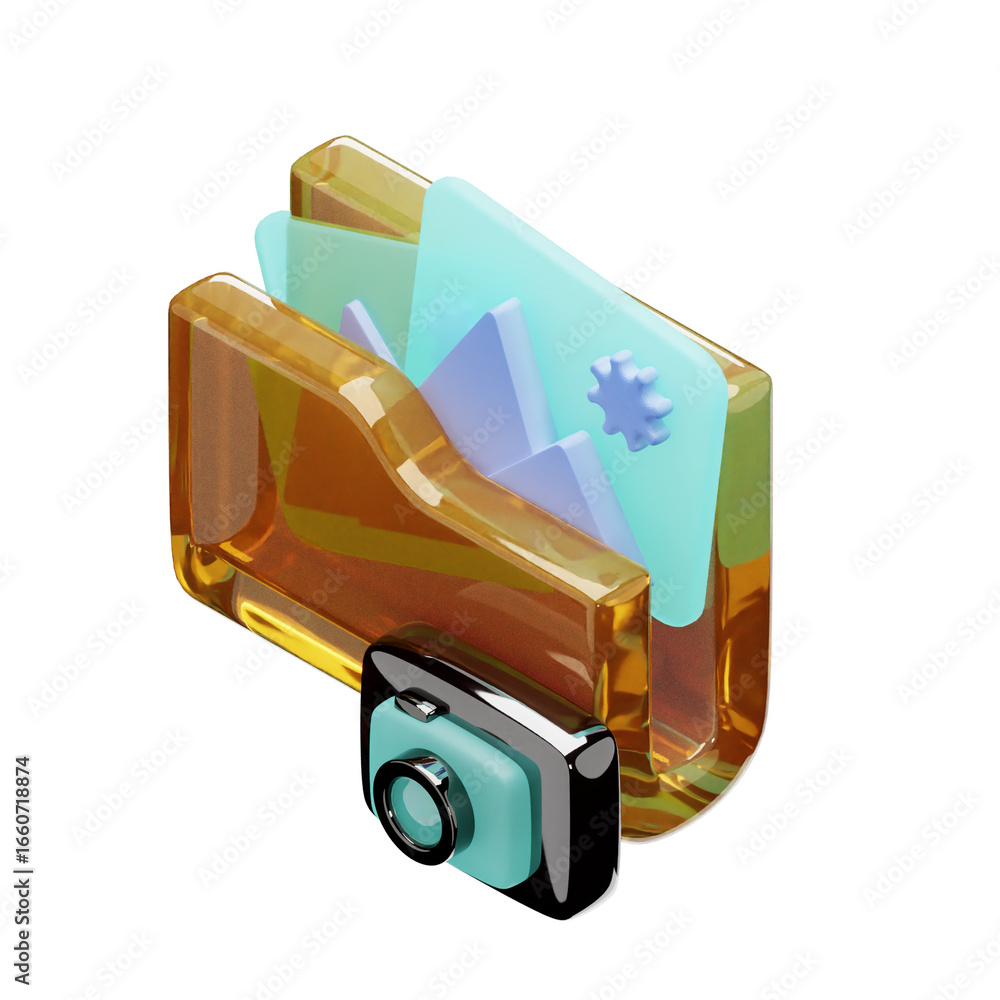 Poster 3d rendered glossy folder with images and a camera icon, representing digital media storage.