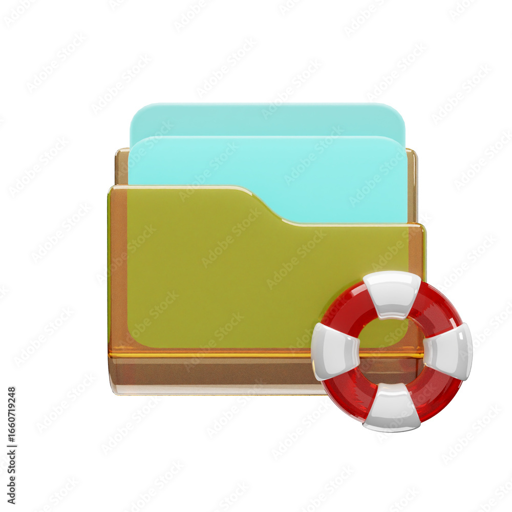 Fototapete 3d render of a file folder icon with a red and white lifebuoy, symbolizing data recovery or file saf