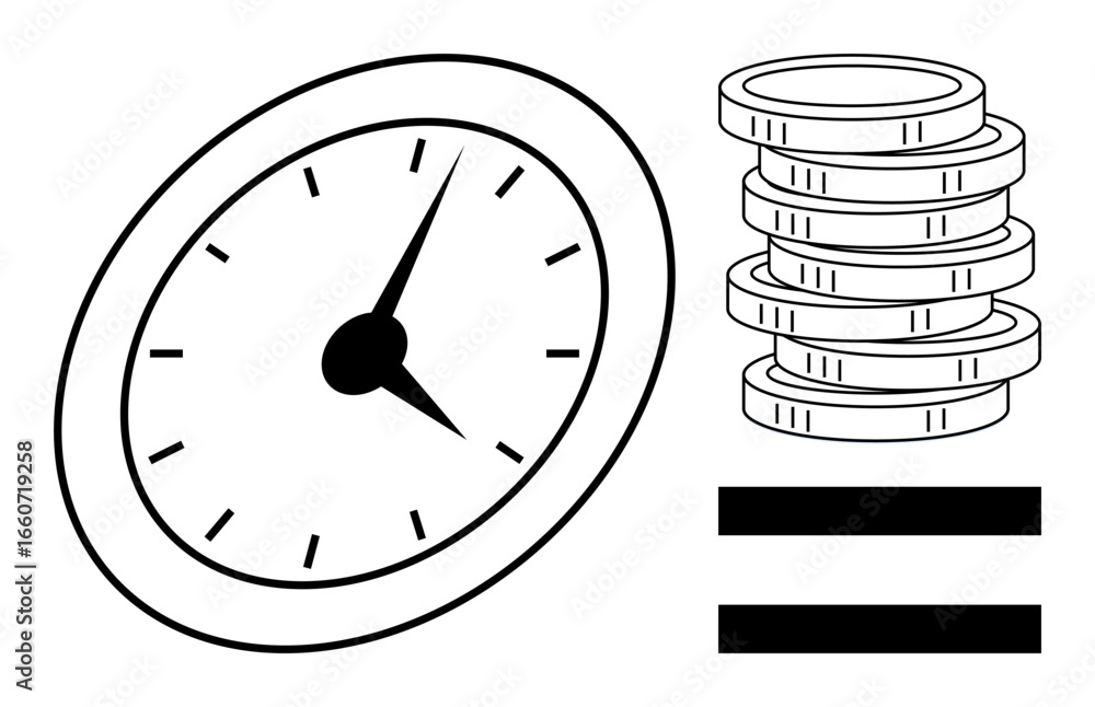 Poster analog clock near coin stack with mathematical equal sign. ideal for productivity, business, financi