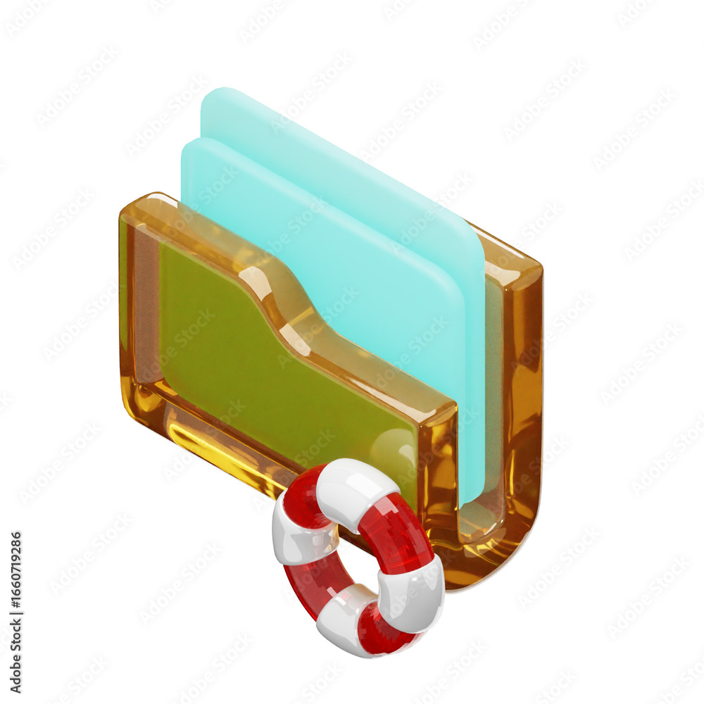 Poster 3d rendered icon of a transparent amber folder with light blue files and a red and white lifebuoy, s