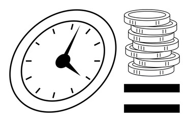 Analog clock near coin stack with mathematical equal sign. Ideal for productivity, business, financial balance, time management, value, efficiency, decision-making. Simple flat metaphor