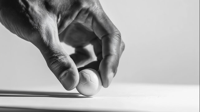 Hand holding soccer ball on surface