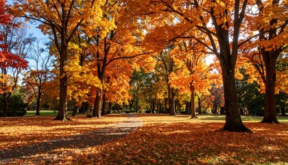 Naklejka premium Autumn park path with golden leaves.