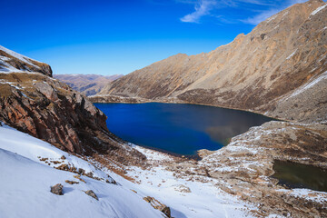 Beautiful lakes under blue sky on high altitude mountain top
