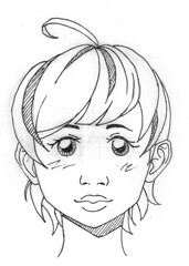 portrait of a happy boy in anime style in ink