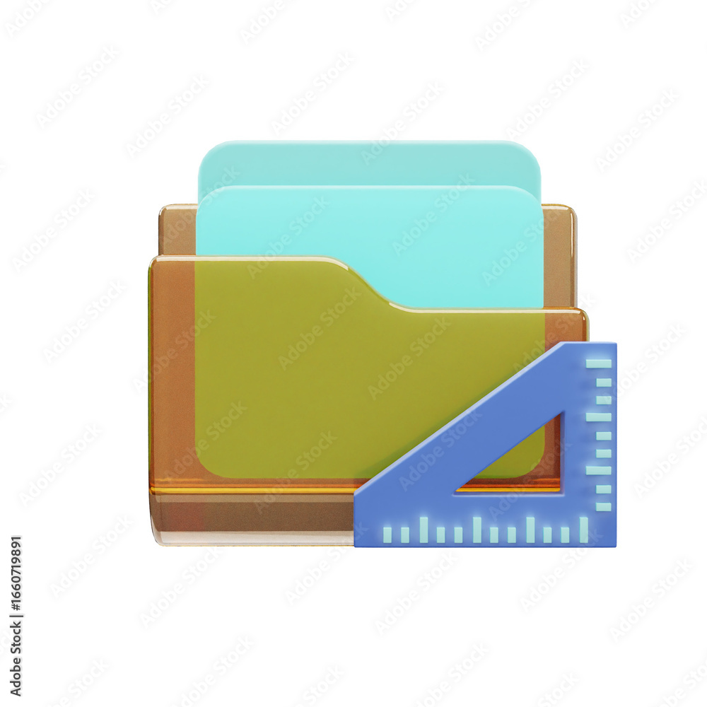 Poster stylized 3d icon of a translucent amber folder containing documents, with a blue ruler in front.