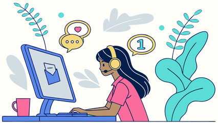 Customer service agent with headset using computer.