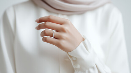 Woman hand wearing ring with white shirt