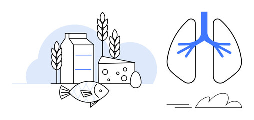 Dairy, fish, grains, cheese, egg positioned as food sources alongside stylized lungs. Ideal for nutrition, respiratory health, food benefits, healthy living dietary topics wellness education