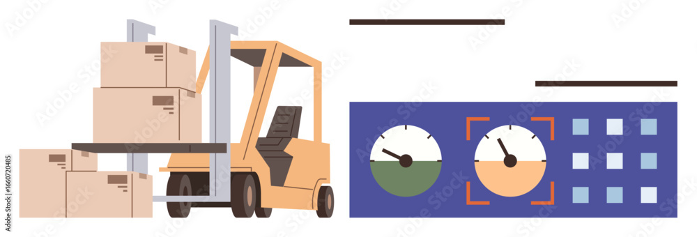 Poster forklift loading boxes paired with a performance dashboard showcasing metrics thumbs up efficiency a