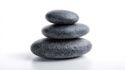 Three Smooth Gray Stones Stacked on a White Surface A Serene Still Life of Balanced Pebbles Representing Tranquility, Wellness and Meditation