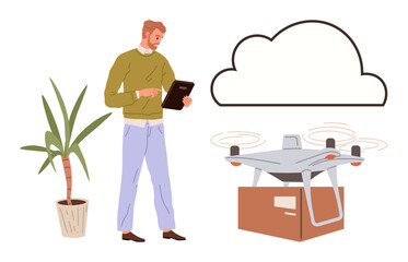Man using tablet to control drone flying above a box near cloud shape with plant nearby. Ideal for technology, innovation, automation, logistics, creativity, modern business, streamlined processes